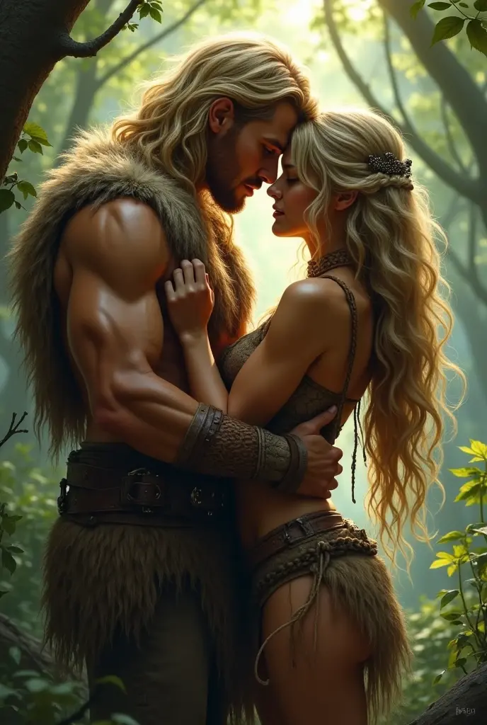 A handsome young man with long beige hair down to his knees. He is bare-chested and tanned.. He has brown furry legs with hooves., he is still a faun or a satyr. He has no beard or horns., because he is a very young satyr. It is very beautiful. Facial features are masculine. He has a red heart pendant on his chest.. He stands in a forest of ferns, and a woman hugs him. The woman has tanned skin, two long black thick braids down to the ground, Eyes black. She is dressed in a blue floor-length tunic with a brown belt.. On her head she has a thin and light transparent veil that reaches to the ground.. Shoes women brown sandals.
