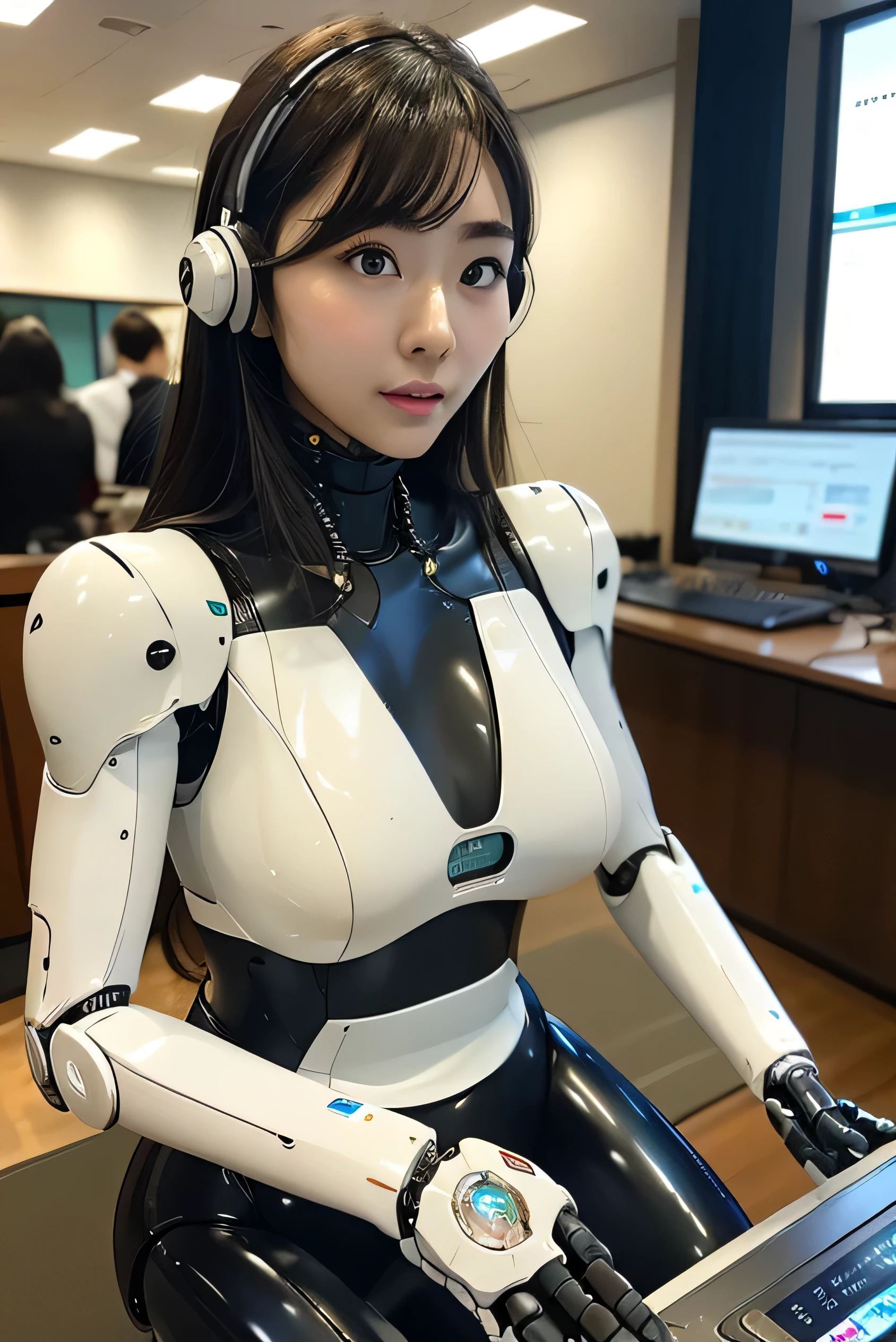 masterpiece, best quality, extremely detailed, Japaese android girl,portrait,Plump,a bit chubby,control panels,android,Droid,Mechanical Hand, Robot arms and legs, Black hair,Blunt bangs,perfect robot girl,long tube,thick cable connected her neck,android,robot,humanoid,cyborg,japanese cyborg girl ,robot-assembly plant,She is assembling now,assembly scene,camera eyes,chest monitor