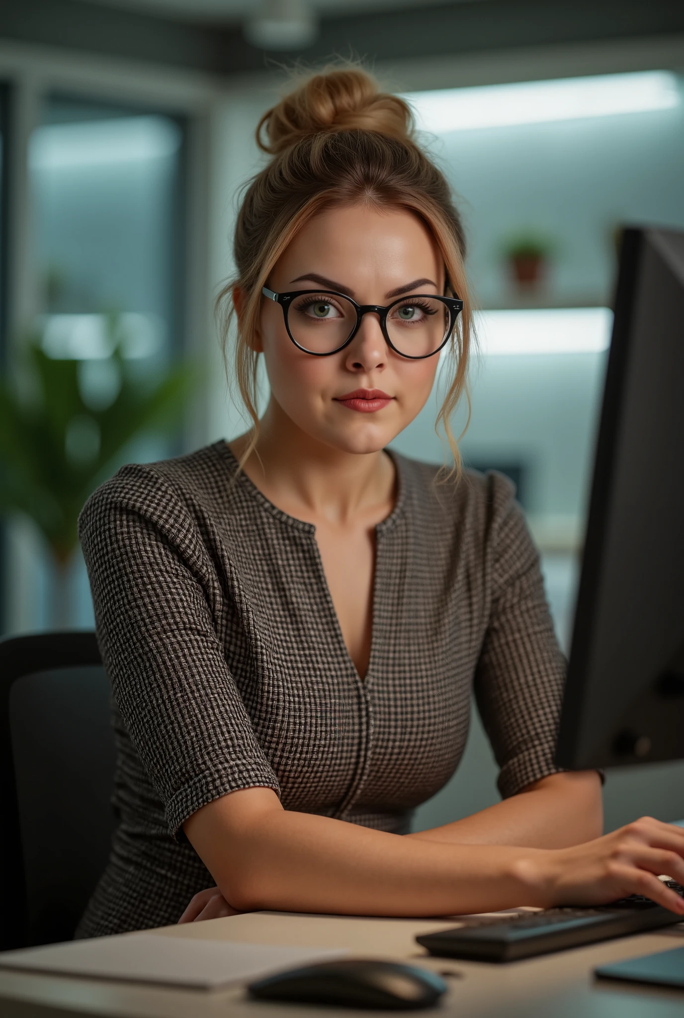 A candid, photorealistic shot of ViennaFoxx, mid-20s, seated at her desk in a sleek tech office. She wears a crisp tight checkered dress. Her messy blonde bun is loose, with strands falling around her face. She leans forward slightly, Black frame glasses, looking at viewer. The glow from the monitor lights her sharp green eyes. Her expression is calm, intense. Around her, the office fades into soft blur—she is the clear, quiet center of the scene.