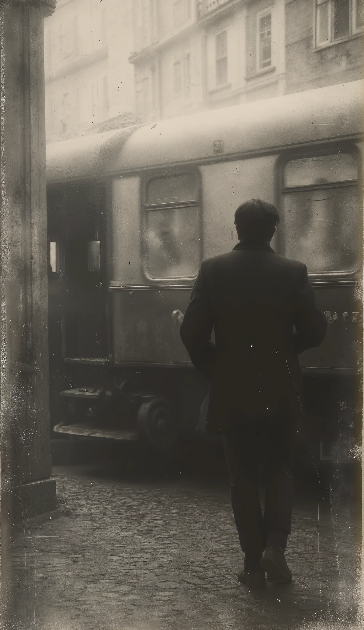 Year 1930 Man dressed in a suit climbing with his back to the old train at the old station, his face is not seen, As the fog clears, vintage style with soft and melancholic lighting.