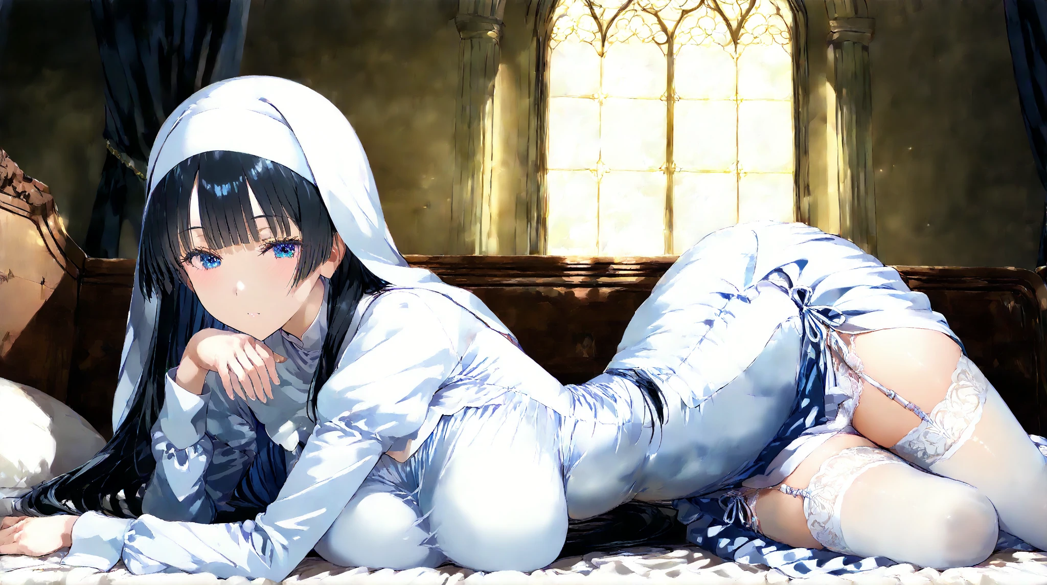 Wanderer smiling softly, hungry eyes, bedroom eyes, body shot, bedroom, indigo hair, glowing eyes, bottomless, cuntboy, boy with pussy, wet pussy, in a wedding gown