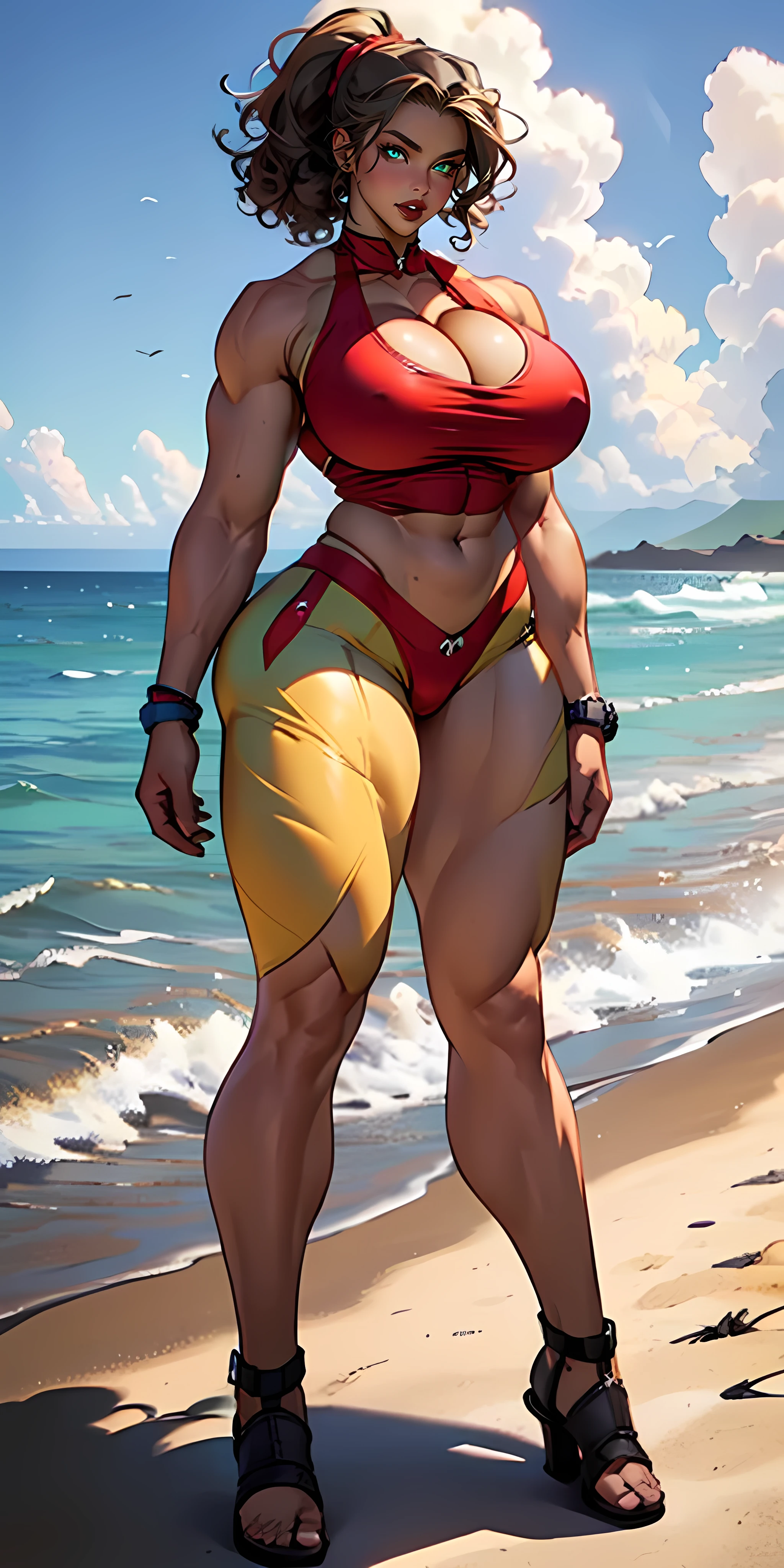 Nabiki Tendou,  milf, old woman, (( Venus body)), virgin destroyer sweater,(( virgin destroyer sweater, flushed, smile coqueta, seductora)) , (( flushed, smile, oiled skin, fornida)), picking up her breasts, ((piel clara, rubor, Caderas anchas)), Curvy body, ((big sagging breast, muslos gruesos, gran culo)), long legs, open legs,Iparuputsua, standing, (( de pie)), on the beach at day, city  in the distance, Cancun, image from below, de cara al sol