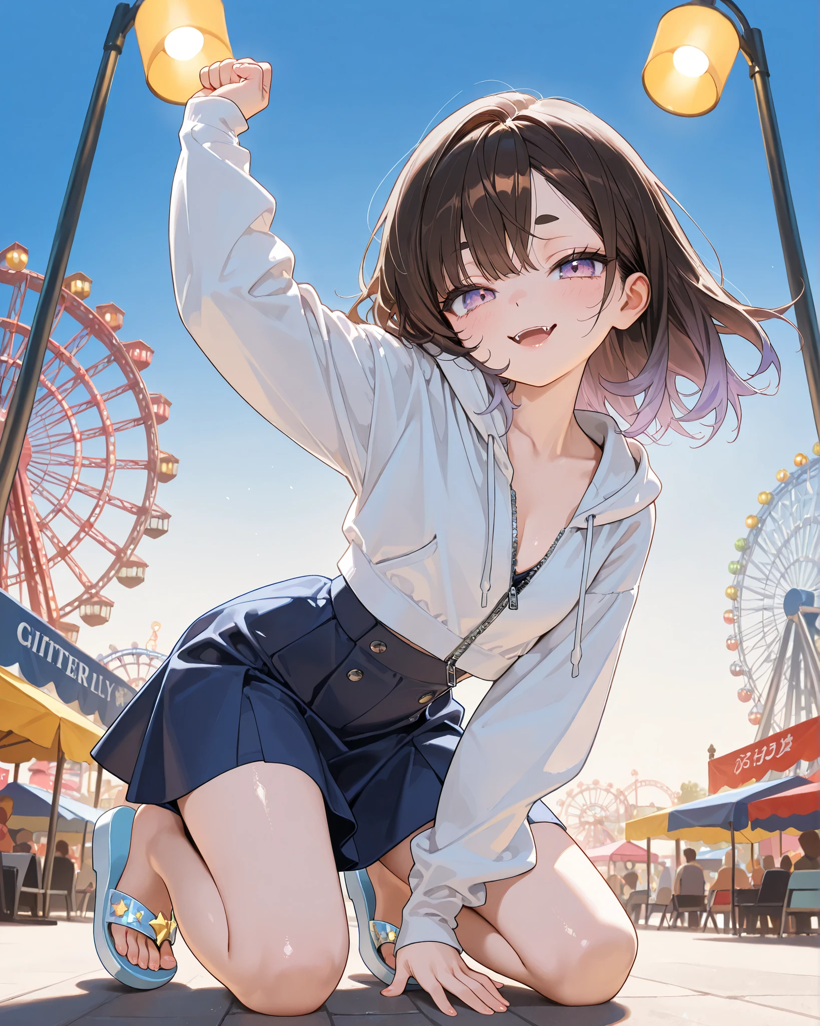 ((Masterpiece)), ((best quality, very aesthetic, absurdres, newest)), (8K), (from below), (cinematic lighting), ((1girl)), (cute young girl), (Healthy body, Textured skin, small breast, cleavage, tilt head), Glossy hair, (Asymmetrical bangs, long side bangs), (medium hair, dark brown hair, unruly hair, gradient hair), ((seductive smile, open mouth)), cute fangs, (pale purple eyes, glitter eyes, gradient eyes, looking at side), big eyes, (short eyebrows), glossy lips, pouty lips, (lower eyelashes), BREAK, ((unzipped cropped hoodie, cropped hoodie, pure white hoodie), Navy blue skirt, medium skirt, (Thick-soled sandals, Cheesy sandals), Beautiful collarbones, ((arm up, fist up)), (kneeling on the Cartoon-style amusement park, Lively place, Ferris wheel in the background), outdoor, horizontal banner, Beautiful landscape, wind blow,