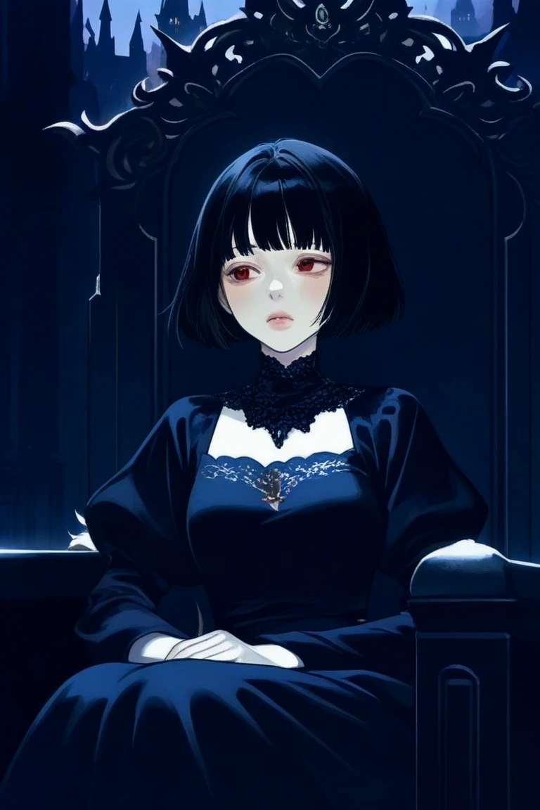 (Extreme quality, perfect image, perfect hands, expressive eyes) A girl sitting in an armchair, cross-legged, looking at the viewer (Dutch angle). She is wearing a rather elegant black dress; her breasts are small; her pale face looks mocking, with a mischievous smile. Her face is mature and soft. (Victorian mansion, soft light, shadows; cool tones). Short black hair