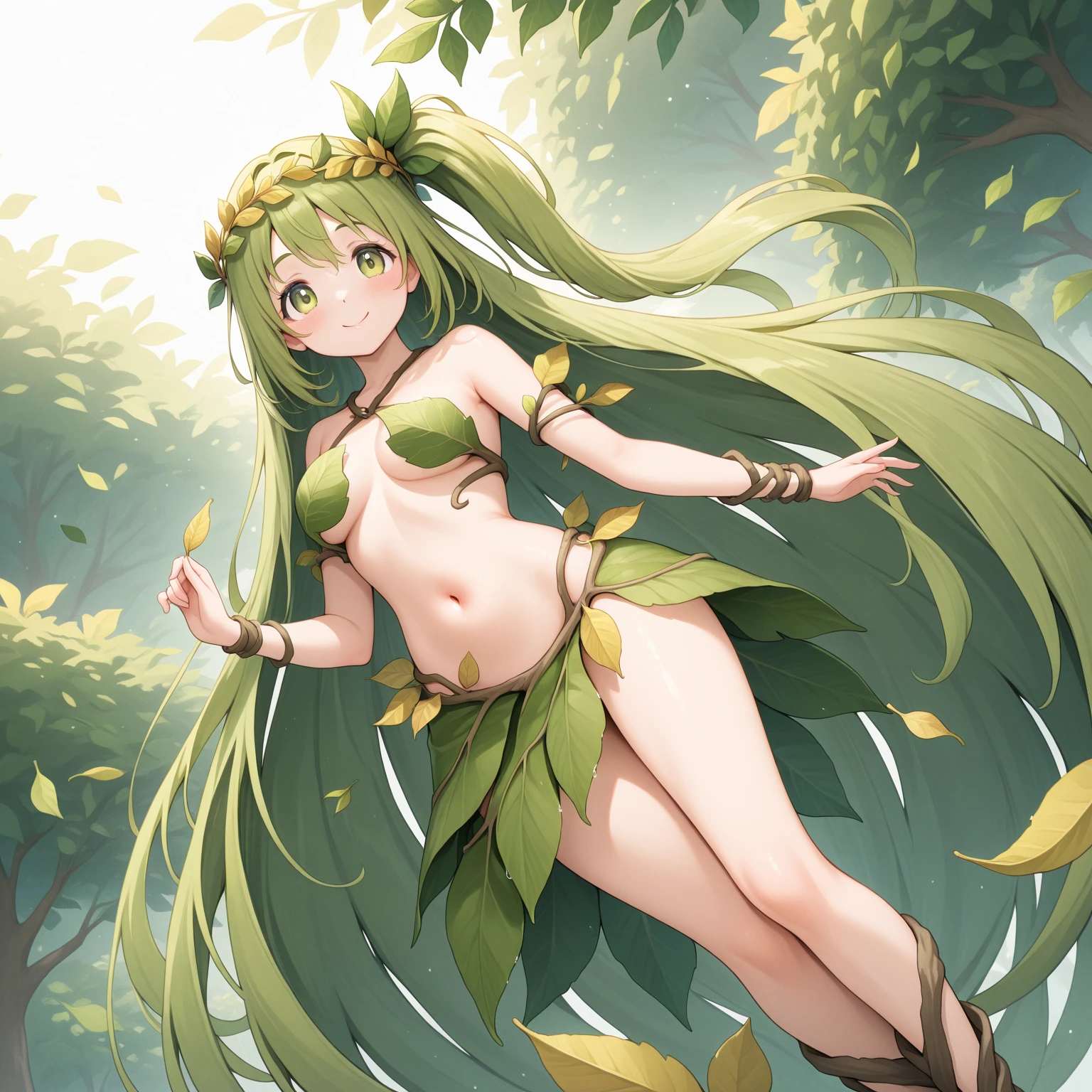 a dryad in the forest. highly detailed face, eyes. sitting in her tree. dangling feet.