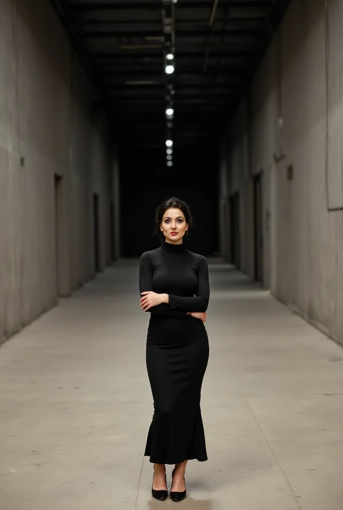 Brunette woman with curly hair, with a very long dress inside a hangar with a helicopter --auto --s2