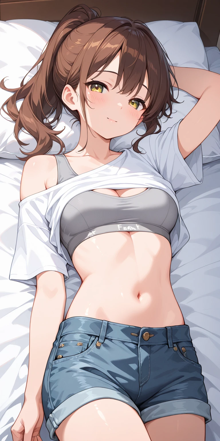 highest quality、Elementary school student bra、Beige shorts、Cute appearance、Stretch your legs in the room、Armpit sweat、Grass、Ecstasy face,(Attractive person)， (girl１name)， (Highly detailed face, smile) ,, (日本のgirl), Slightly round face, (Tan brown face:1.6), cute, Big eyes、2D，highest quality，(masterpiece)，(((whole bodyが映る)))，(((whole body)))，(wavy-medium hair:1.6)，(hair over one eye:1.3),((Chestnut brown hair))，Healthy brown skin，((Denim hot pants))，Leather Belt，Pink Tank Top，Shining bare feet，barefoot，Beautiful brown eyes，Attractive thighs，Sloppy body type，Bedroom，get drunk，Upward glance，cheeks are bright red，あざとcute，Sleeping face like an angel，Erotic look，whole bodyに汗の大きな滴，humid，Waistline、My Room、（Sleeping on your stomach:1.1），(Angle shot from directly above:1.2)，Poses that accentuate the buttocks，Angle to emphasize the buttocks，Sole