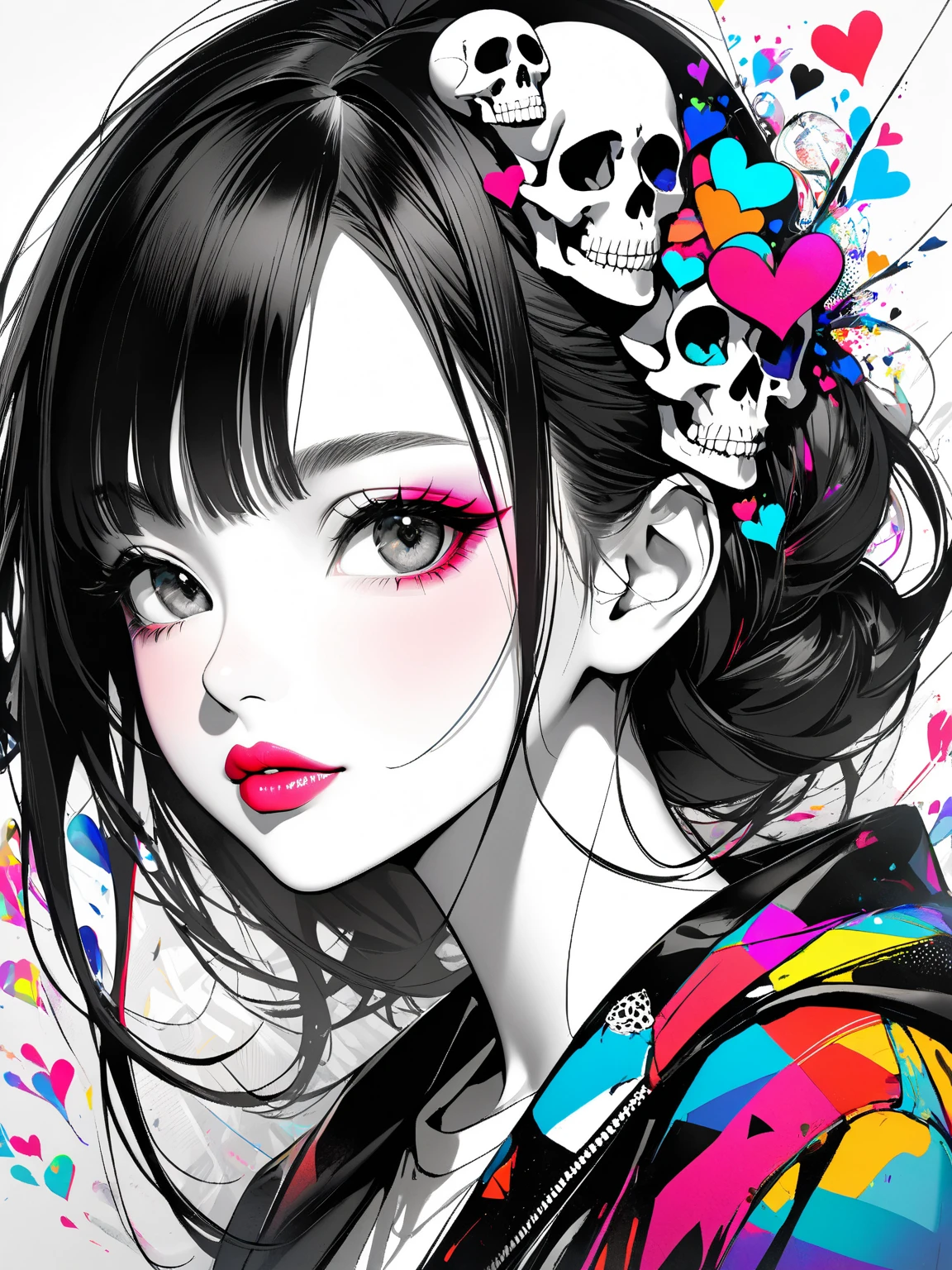 Ultra-realism Black Star Red and White colorful style, Simple Line Initialism,Abstract art,(((The most beautiful girl of all time))), Sweet face. Lips in love, colorful hearts, stylish design, Summer Skull fashion, Dark Eyes, Graffiti on the wal