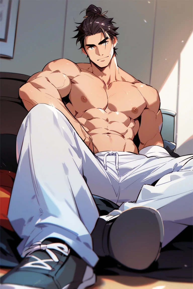 He is a 17 year old teenager, He has slightly disheveled very black hair..., somewhat light green eyes, , muscular body , sexy face, He is dressed in the anime uniform. "my hero academia", without the shirt, just with boxer shorts, flexing your muscles, big chest, big bulging, lying on a bed