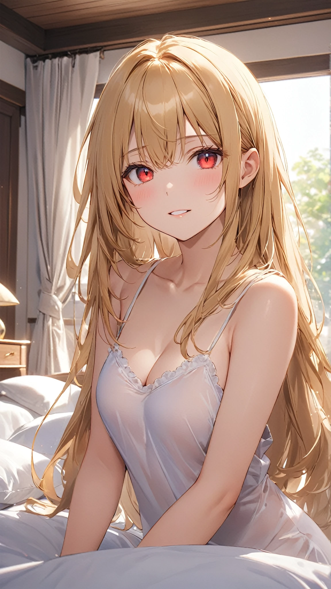 ((Highest quality)), ((masterpiece)), (detailed), (Perfect Face)、The woman is a Greek mythological figure wearing a white see-through chemise dress, with blonde medium-long hair and green eyes.