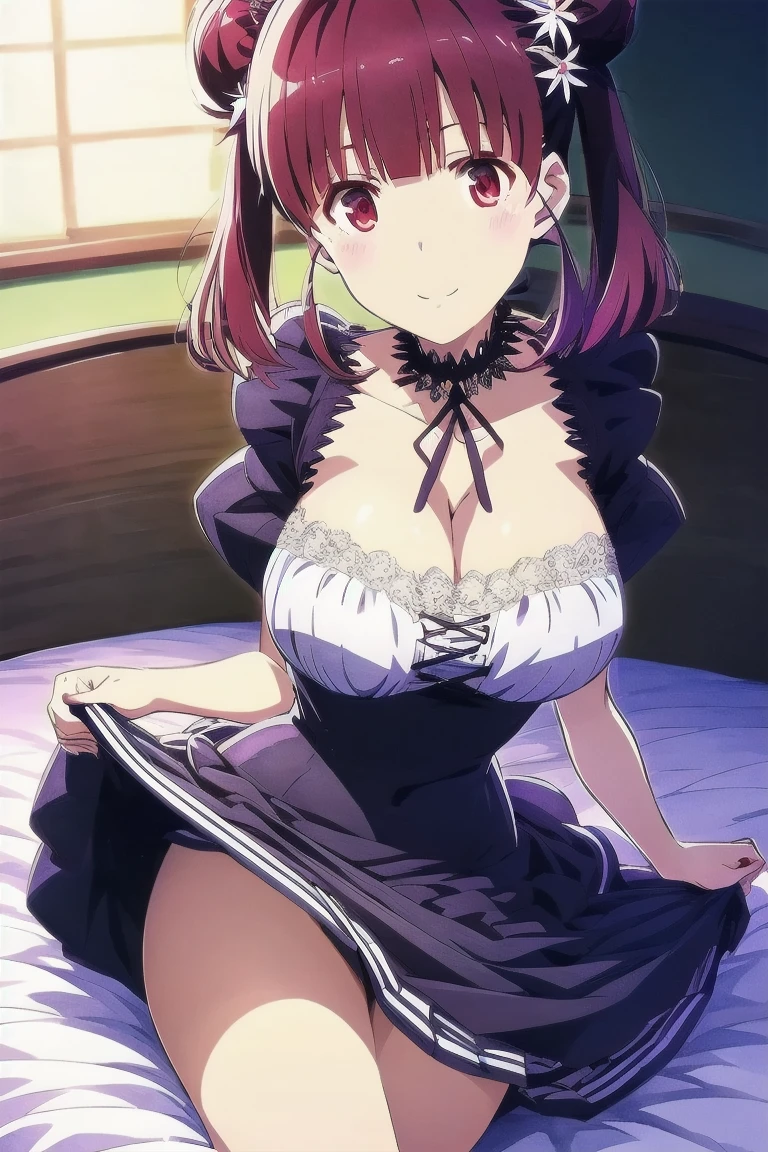 masterpiece, best quality, <lora:shiorikatase-nvwls-v1-000008:0.9> katase shiori, maid headdress, maid outfit, large breasts, looking at viewer, frown, blush, bedroom, from above
