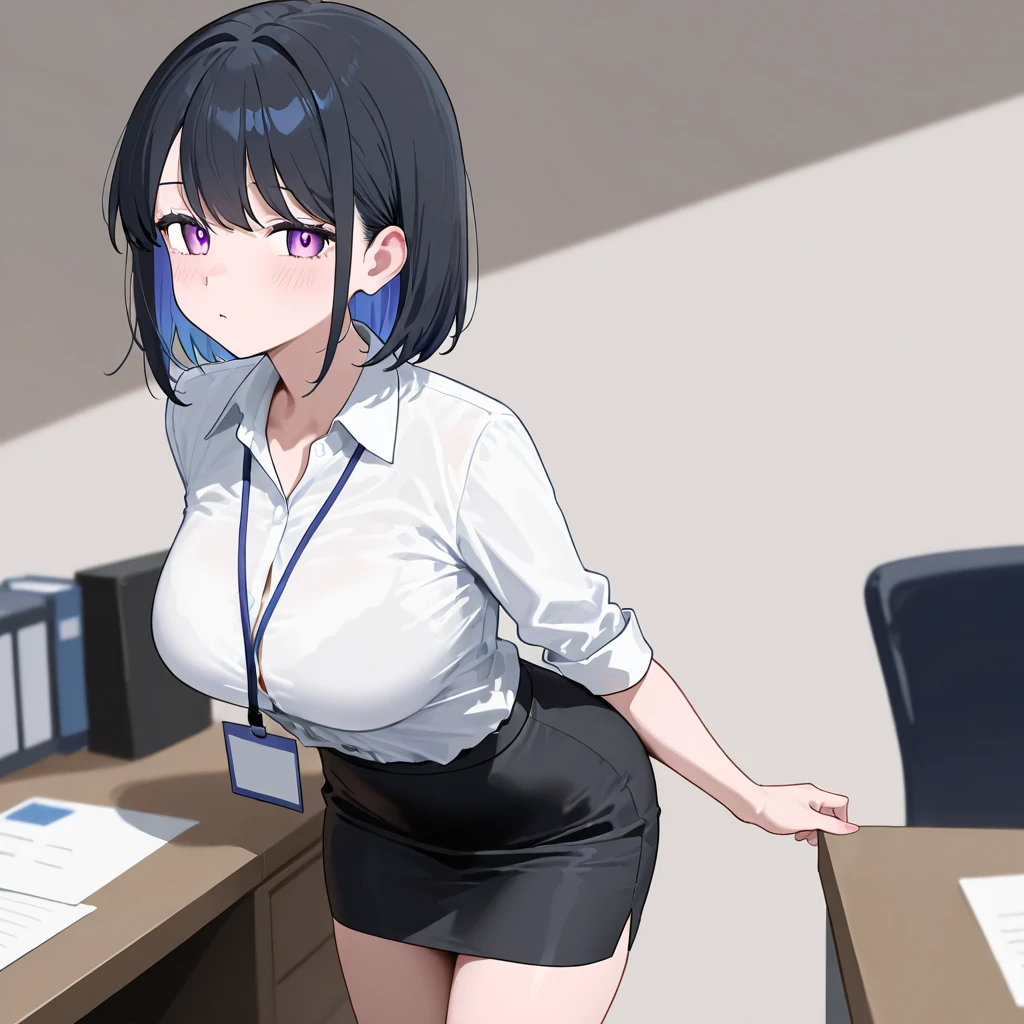 No background、Standing posture、office、(blouse、Tight Skirt)、Ultra-detailed illustrations、Ultra-precision performance、masterpiece、highest quality、超High resolution、High resolution、(light purple hair、Gray Hair、Short Hair)、(Disliked expression)、Mommyfy、