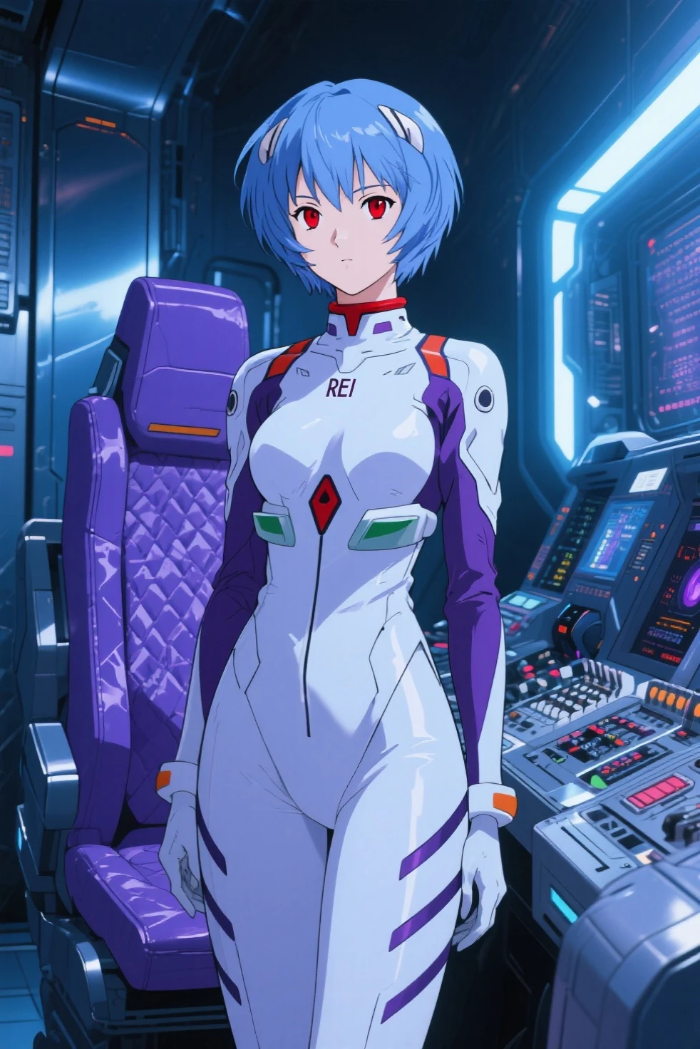 (俯瞰figure),Dynamic Angle,Very detailed, figure, close, Straight, One girl, 
 ((Rei Ayanami, Interface Headset, White bodysuit:1.4, Blue Hair)),Her eyes shone like dream-like stars,(Glowing Eyes:1.233),(Beautiful and detailed:1.1),(Expressionless,Mouth closed),(Are standing), 
(In a white spaceship、Mechanic room with tools and spaceship window),
(night:1.2),dream-like, [[Delicate fingers and hands:0.55]::0.85],(Finger details),