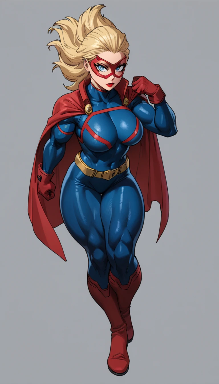 ((masterpiece)),(((best quality))),((character design sheet)), ((full body view)) illustration,1girl, muscular, ((blue bodysuit:1.5)), superhero, (blonde ponytail:1.4), (red cape:1.4) ((detailed face:1.4)) ((slendered abs)), gold gloves, (gigantic breasts:1.2), ((cleavage)), gold boots, beautiful woman, (gold thighhighs:1.3)shiny skin, (gold emblem on chest:1.2),scribbles and marks, (puffy lips:1.5), rough sketches, pose, 8k,16k, (simple background, white background: 1.3)