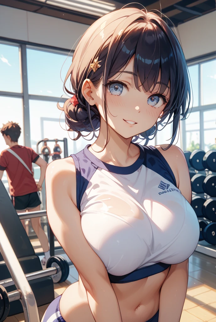 top-quality、Slender beauty、straight haired、very short hair of golden color,、White knee-high、hi-school girl、Pink School Swimsuit