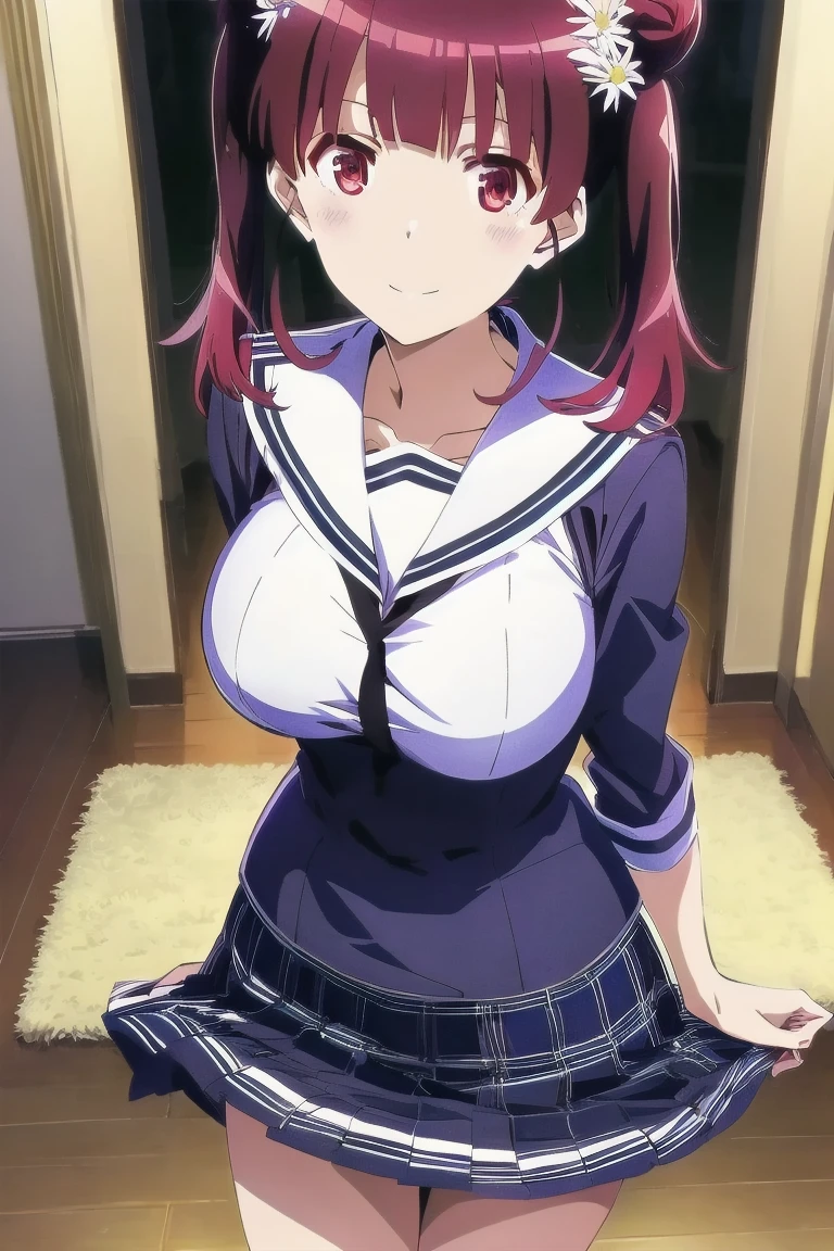 kobeni yonomori, (purple eyes:1.1), pink hair, short hair, two side up,school uniform, serafuku, sailor collar, white sailor collar, blue shirt, long sleeve, skirt, grey skirt, pleated skirt,(big breasts:1.5),shiny,hair,((alone)),((masterpiece)),((highest quality)),perfect anatomy,slim waist,perfect image,8K UHD,(beautiful and fine eyes:1.3),highly detailed face,Are standing,(Upper body:1.1),(look ahead:1.1),back arm,super detailed,disorganized,High resolution,classroom,smile,