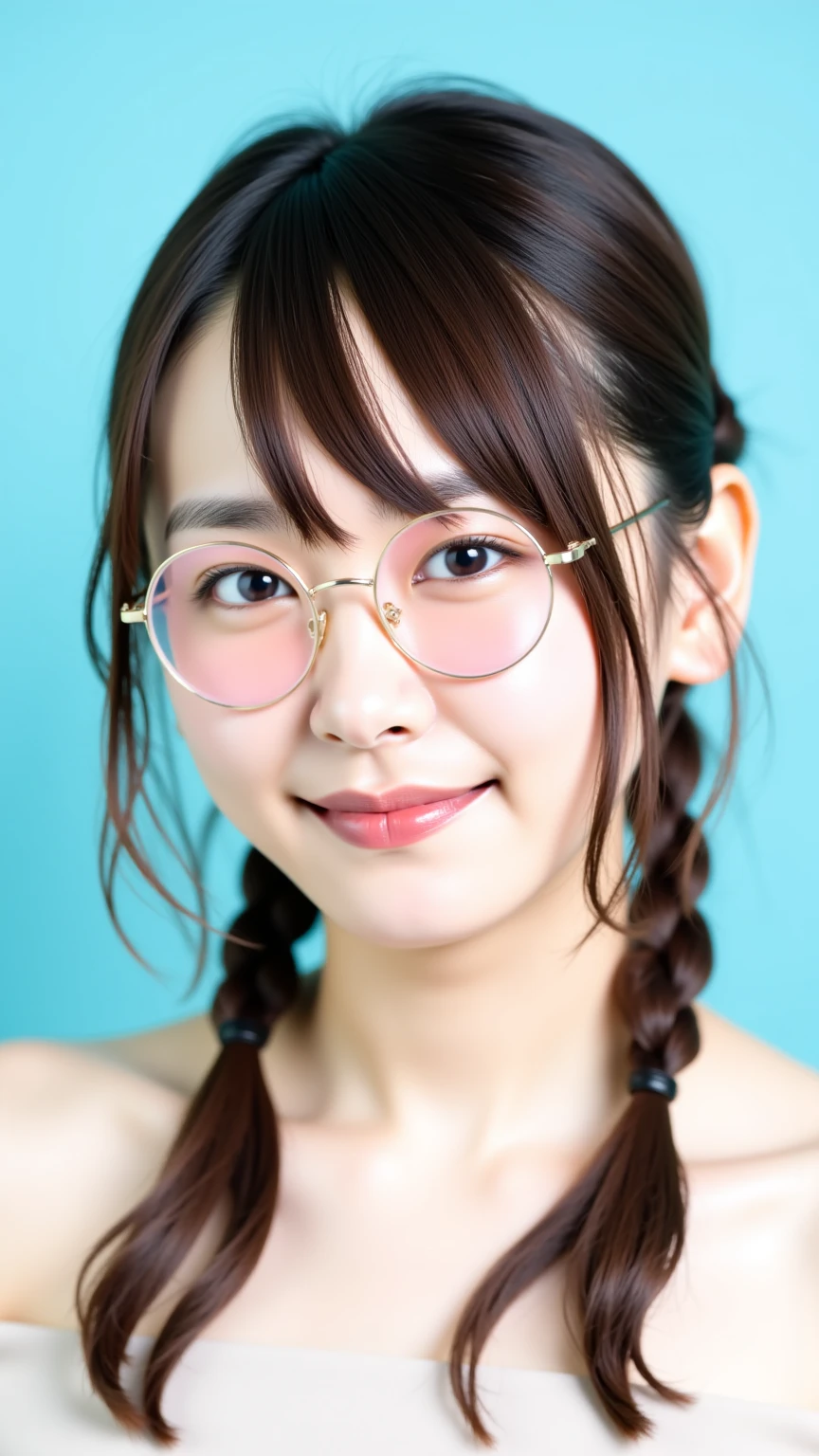 Top quality, 1 cute girl, 35mm lens, f/1, pale skin, (white background: 1.3), flat chest, glasses, French Braid, Slim Body