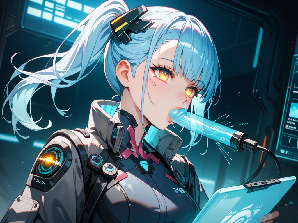 Absurd resolution, high resolution, (masterpiece: 1.4), hyper-detailed, 1 young woman, arm tattoo, asymmetrical bangs, bangs, blue hair, braids, pilot outfit, looking at the audience, crazy look (1.1), green hair, long hair, pink eyes, solo, standing, tattoo, double braids, sitting in an extremely narrow and closed mech control room (1.3), night outside the window (1.1), blood moon (1.1), cruel bloodthirsty and excited grin (1.5)