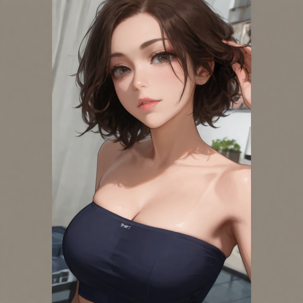 masterpiece,best quality,1girl,breasts,smile,short hair,brown hair,light brown hair,purple eyes,hair over one eye,breast,one strand hair presentingpanties,panties, holding,holding panties