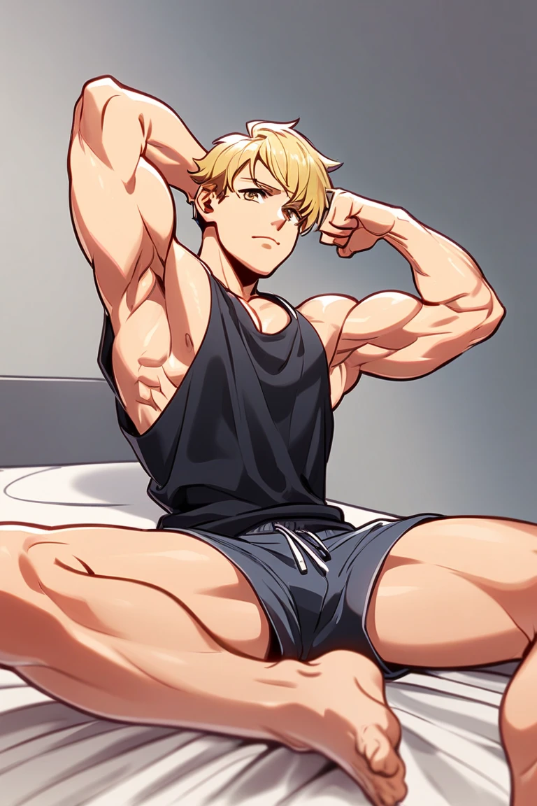 (​masterpiece, best quality), Intricate detailing, 8K, artstation, side chest, Young ager, Teenybuilder, 14 years hair, posing bis muscles in underwear, barefoot, Buff muscle Body,ripped muscle, bodybuilding contest 