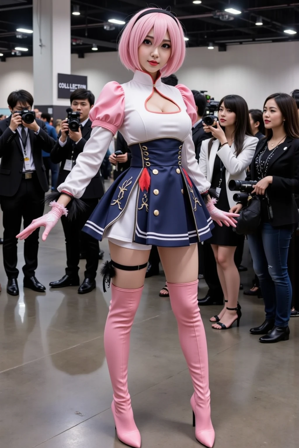 (masterpiece, sidelighting, finely detailed beautiful eyes: 1.2), masterpiece*portrait, realistic, 3d face, glowing pink eyes, shiny pink hair, shiny skin, solo, awkward, (belly), red bow , holding a firearm, detailed face, close-up, looking at viewer, big boobs, being handed