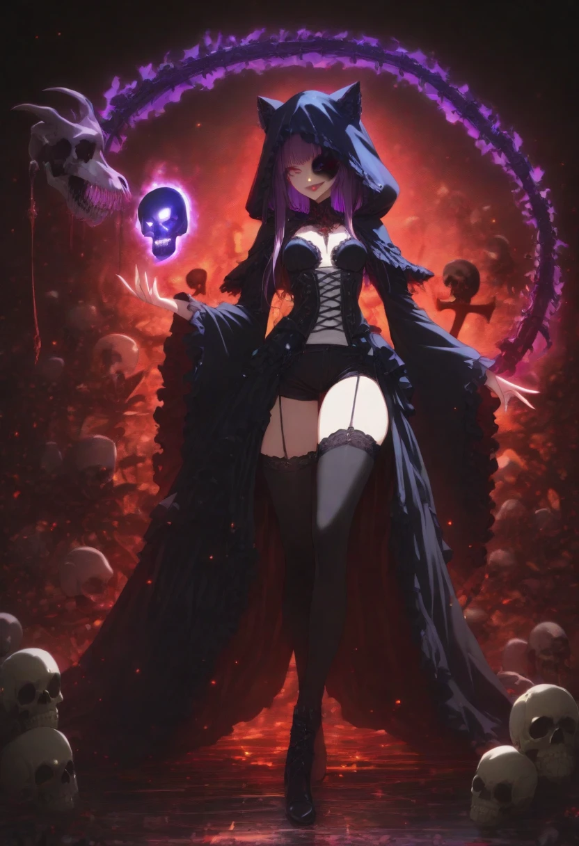 (((darkest dungeon style))), demon girl, ((dark purple skin)), dark deep purple skin, purple skin, dark hair, messy hair, blood magic, (less clothes), open hips, open belly, cloth cloak, (dark lighting), highly detailed art, cold lights