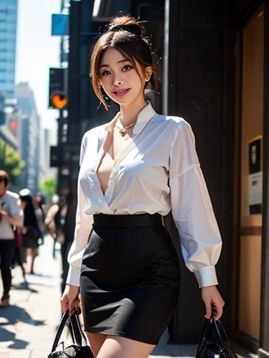 (Surrealism, RAW photo, Nikon, 8k, super detail, masterpiece, intricate details, realistic lighting),
(anatomically correct, very accurate human body, highly detailed face, realistic skin, realistic),
(16 years old, Japanese girl, slim waist and busty body, Slender long legs, large breast, baby face, affectionate cute, surreal woman),
((round face, black hair, short bob cut, bangs, Down-slating eyebrows, Moist eyes, one little earring, light blush)),
((street snap, random pose)),
(((look at camera, stare at viewer, smile))),
(office worker, colorful business suits, luxury ladies bags, high heel),
(Tokyo, Main street, very crowded road),
Natural lighting, full length, whole body,