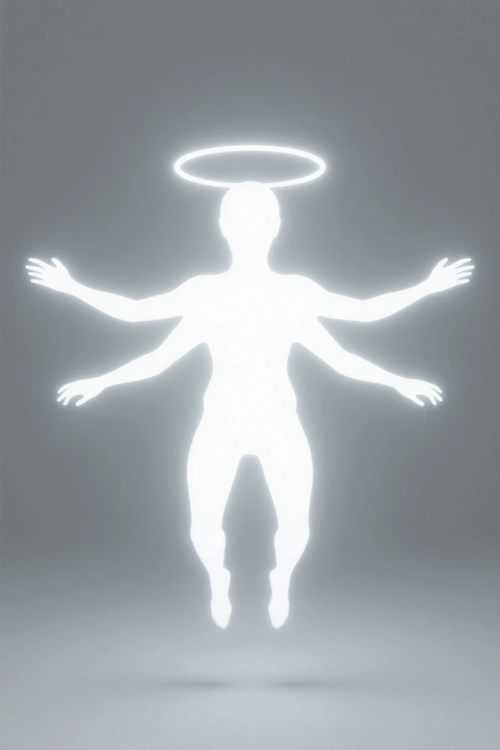 Faceless young man with a halo around his head. He wears a white T-shirt. The background is a black canvas
