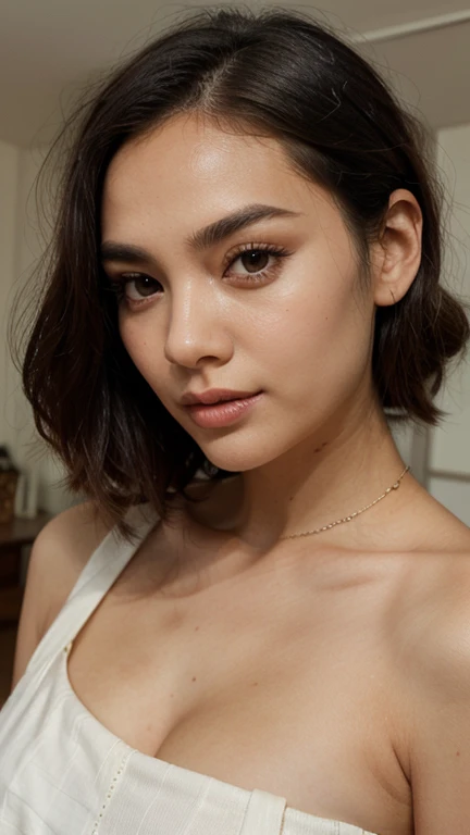 Best quality, masterpiece, ultra high res, (photorealistic:1.4), raw photo, 1girl, offshoulder, in the dark, deep shadow, low key, cold light, short hair, show armpit 