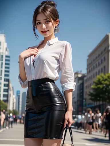 a beautiful face of a 20 year old actress, perfect proportions of woman's body, blazer is worn with formal shirt, woman's crotch and thighs, short skirt is worn with panties, panties are able to be seen because skirt is too short, at street in the city, nsfw, best quality, highly detailed, masterpiece, ultra high res, photo realistic, 8k, japanese