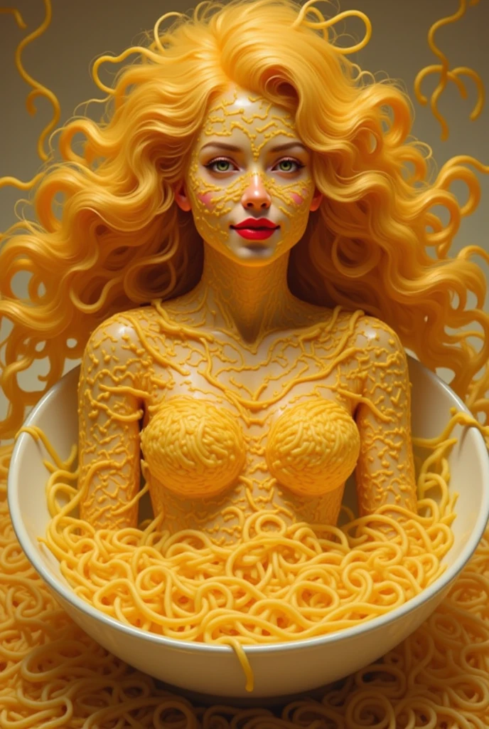Woman made of noodles on a table; background behind is a restaurant.