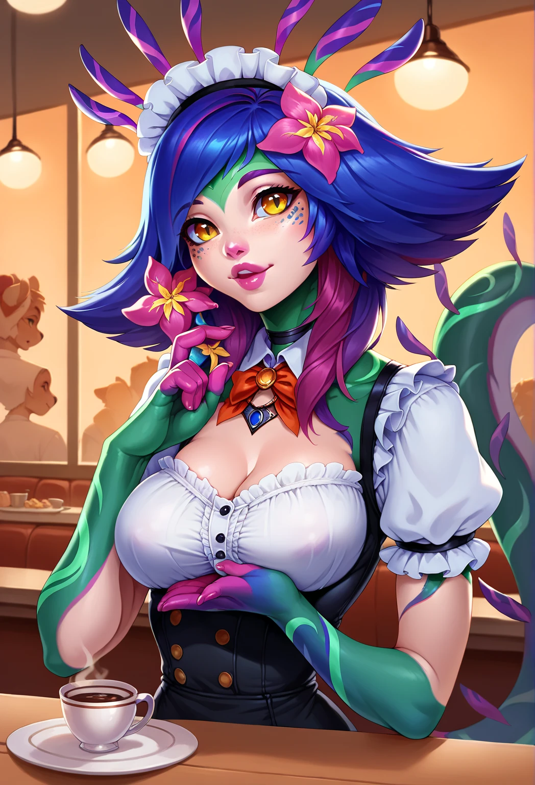  Neeko 1girl, gorgeous girl , kawai girl , cute face, cute smile, cute cheeks , vampire teeth, elves ears, beautiful eyes, specs , black hair, bangs , (((short fluffy hair))) , ((maid outfit)), ((large saggy breast)), (((cleavage))), bend forward ,wet body, standing , (slim fit), pose , boob focus , boob focus, dark background