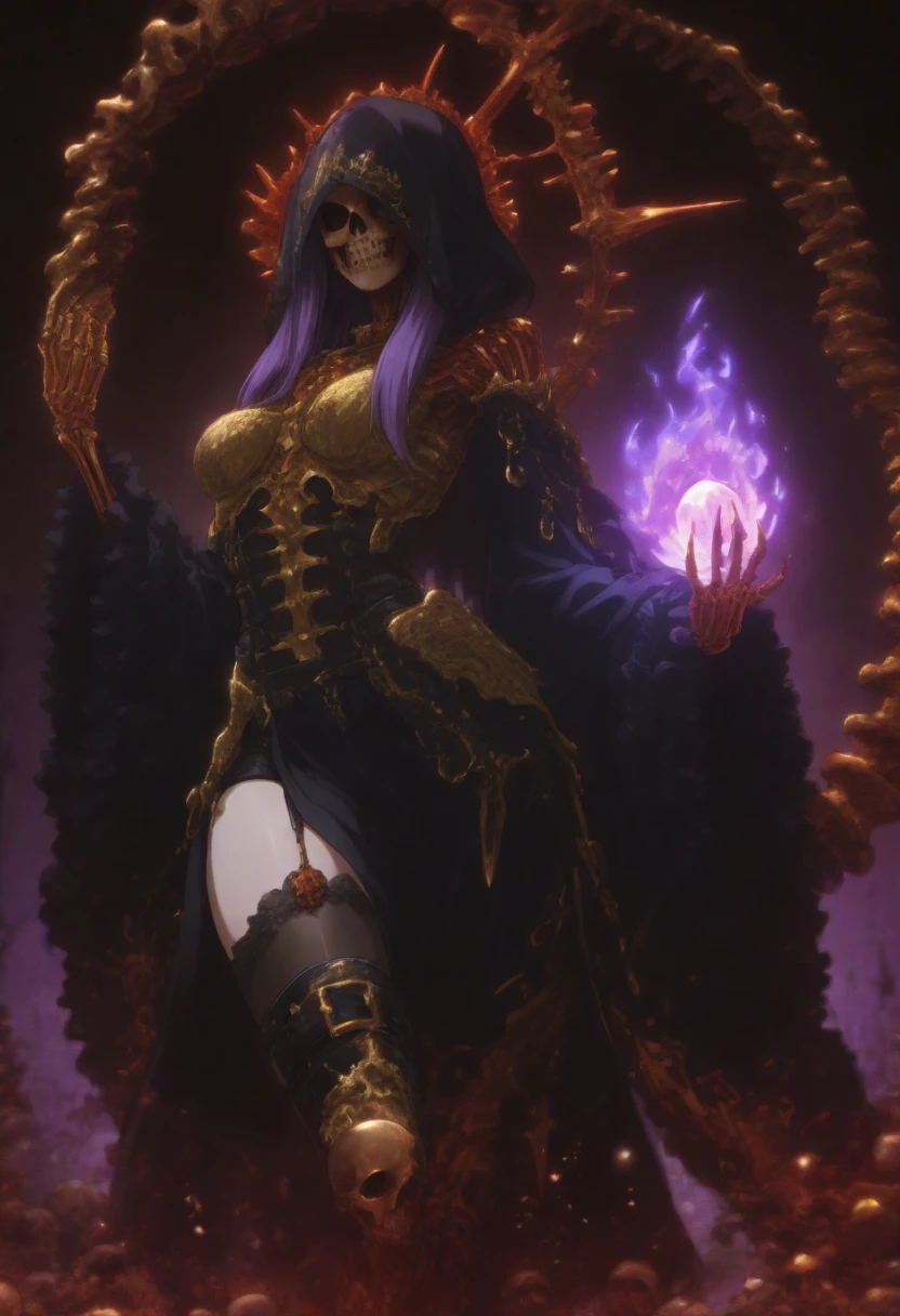 8K、There&#39;s a female skeleton wearing tattered armor in a dimly lit room.。(​masterpiece)Carry a sword and a shield、emits purple smoke from its body(purple glowing effects)make a scary face、devil&#39;s skeleton(exact details of the skeleton)A space full of madness,Many candles are lit on the wall(Fire effect)There is a broken fireplace in a dimly lit room.,超A high resolution、super precision、A hyper-realistic、very large breast,