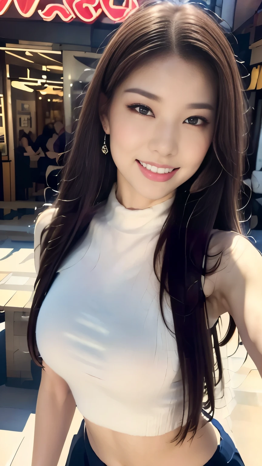 1 tall model woman,180cm,Night City,neon signs, masterpiece:1.2,face the front,anatomically accurate, High detail during meals, High Quality, textured skin,double eyelids,detailed eyes, black hair, smooth straight long hair ,red rouge:1.2,white knit,navy blue miniskirt,high heels, stare into the eyes:1.5,Very Affectionate Smile:1.0,Big Breasts:1.2,