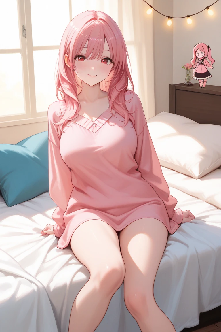 long pink shirt with a kitten drawn on it, dragon horns, no pants, long pink hair, small breasts, lying on the sofa with a sexy pose, holding a cell phone, naked lower half, spread legs