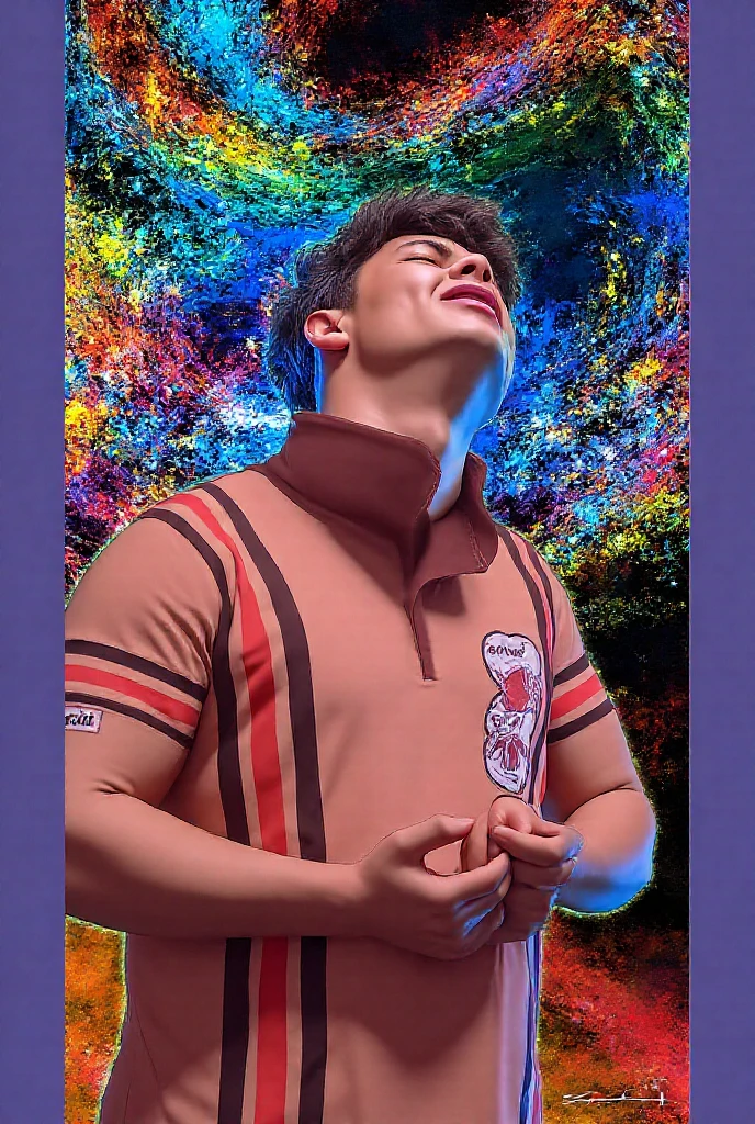 Create a 2400x1080 wallpepar. Feature a meditative youth in a lotus position 19 years old boy with morden genaration aesthetic clothes and good looking stylish hair, with a dark stormy sky and lightning in the background symbolizing peace amidst chaos. Overlay a transparent candlestick chart pattern.