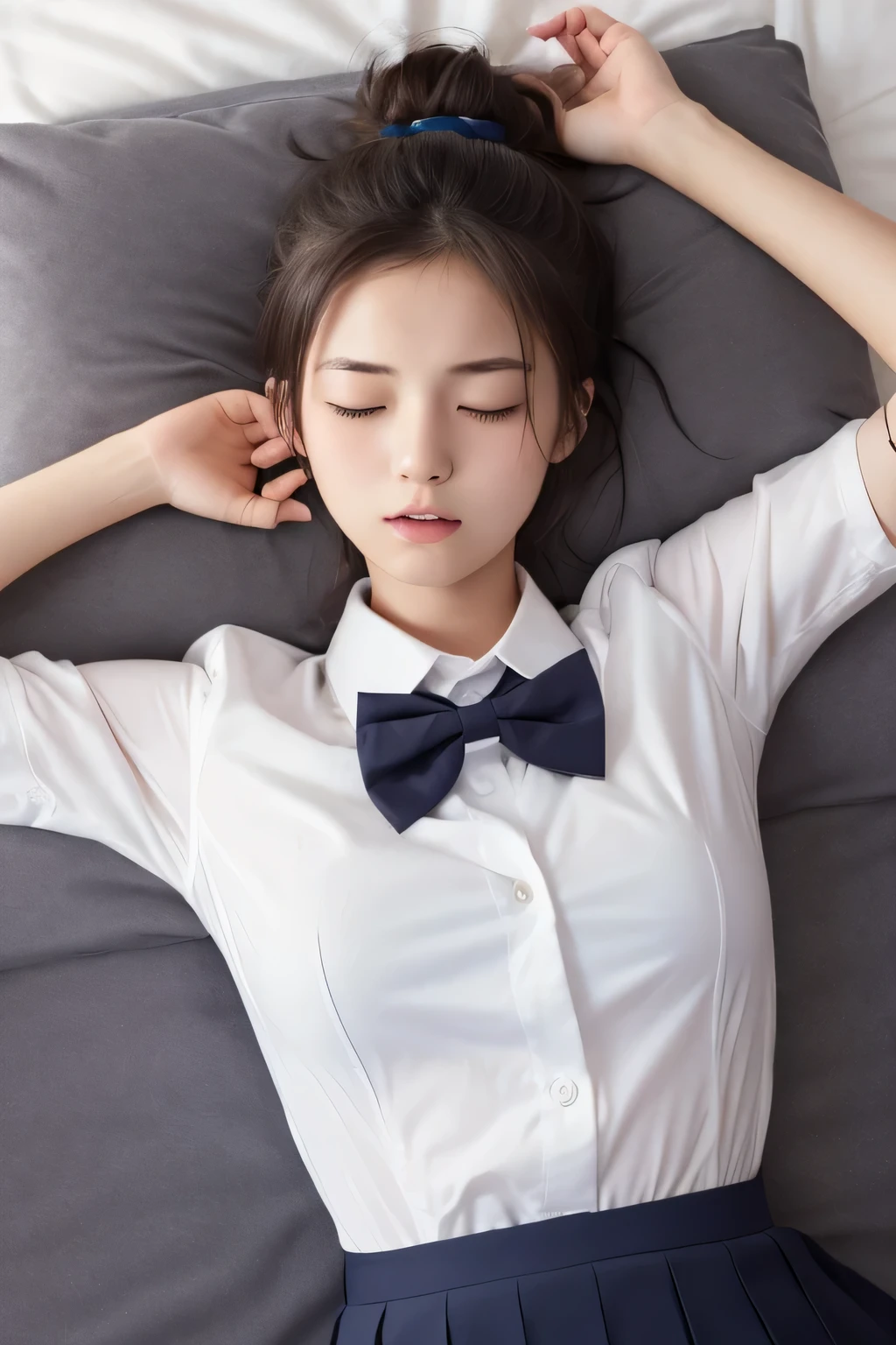 (masterpiece:1.2), Japanese, (18 years old), (a girl), hair bun, slender body, ((school uniform)), collared shirt, (closed eyes), (opened mouth wide), (lying on her back to a bed), bow tie,