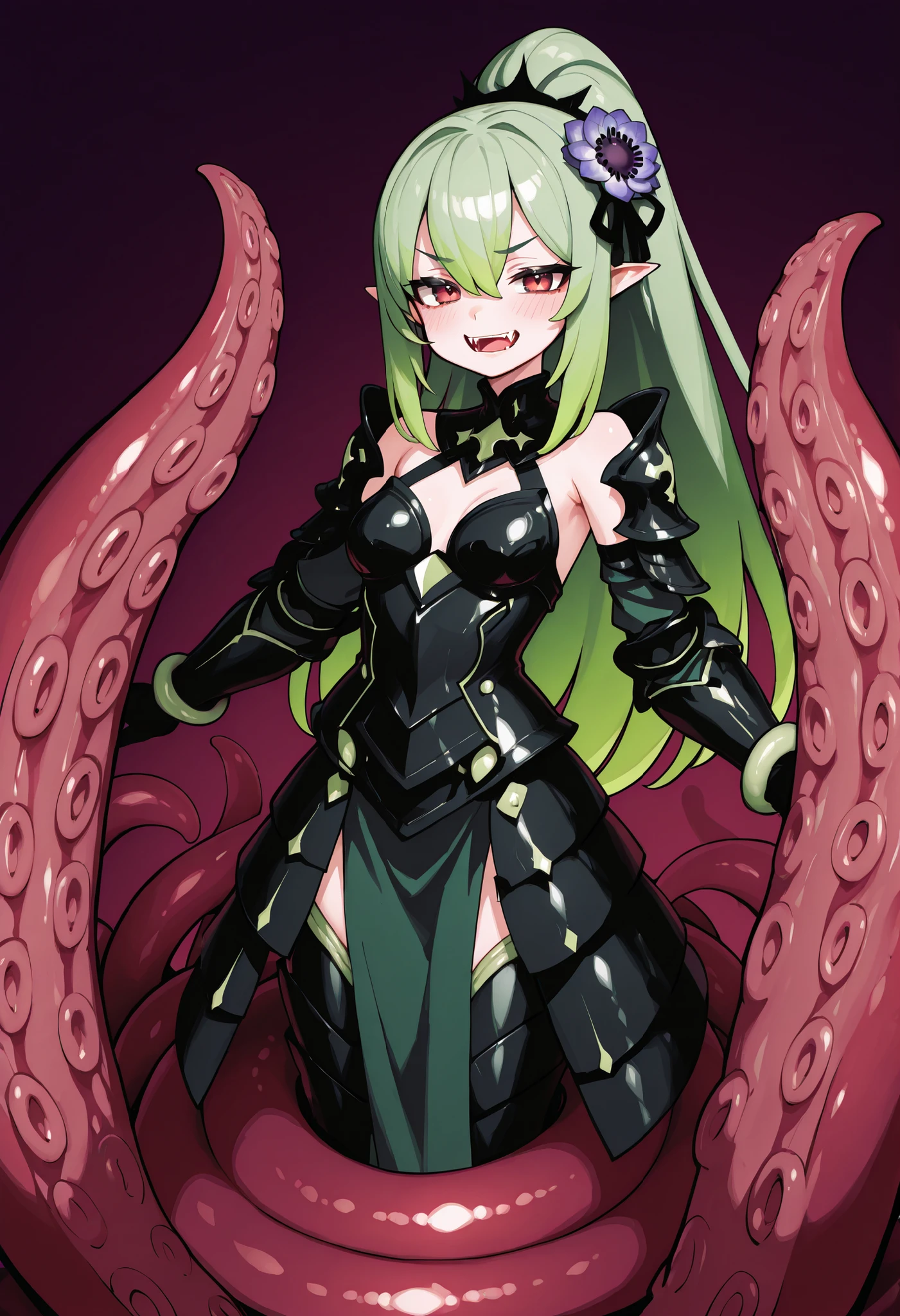Armored succubus. Green hair. Long hair. hair accessory. Tentacle girl. Biological tube. Circular mouth. Bone-like armor. Biological armor. Black armor. Weaponized arms. Sea anemone-shaped tentacles. Multiple tentacles. Tentacles with mouths. Multiple sandworms. Sandworm fangs.