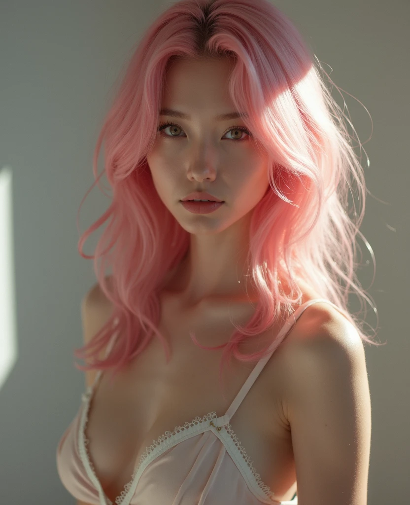 Nationality: Japanese-British mixed
Face Shape: Sexy appearance
Hairstyle: Long light pink hair
Eyes: Blue
Skin Tone: Fair
Outfit: Missy look style, ripped skirt, and V-neck t-shirt
Body Type: Slim and