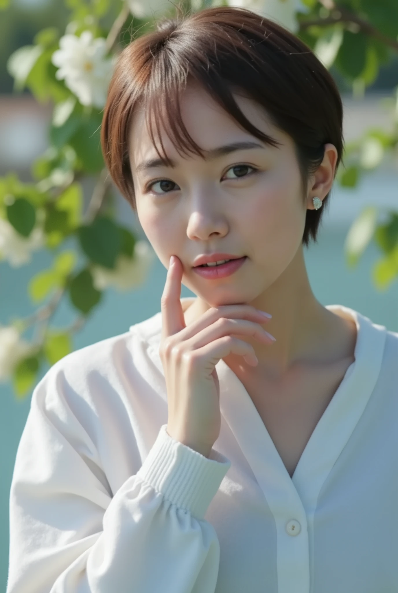 beautiful woman with short hair that is overwhelmingly beautiful、betterpose、Perfect Body、 the wind is blowing 、natural light