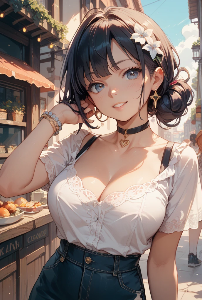 masterpiece,highest quality, Ultra-high resolution,(Beautiful woman:1.2), cute, cute face, (Natural skin texture, Realistic Skin), Photos taken by a professional photographer, Hair salon model, (Upward-facing chest, Beautiful big boobs:1.7),(blush, Happy:1.2),(enjoy:1.2), (Black Hair:1), (short low ponytail:1.2), Medium Hair, Sexy mole around mouth,Wet lips, (erupt:1.4), (Squint your eyes:1.4) ,((random color, off-shoulder shirt:1.5)), short skirt, 23years old, (barista, grinding coffee beans, leather gloves, stylish cafe, wooden counter, focused expression), kawaii , park, Angle from the front, walking towards the camera, wonderful, Realistic Background,