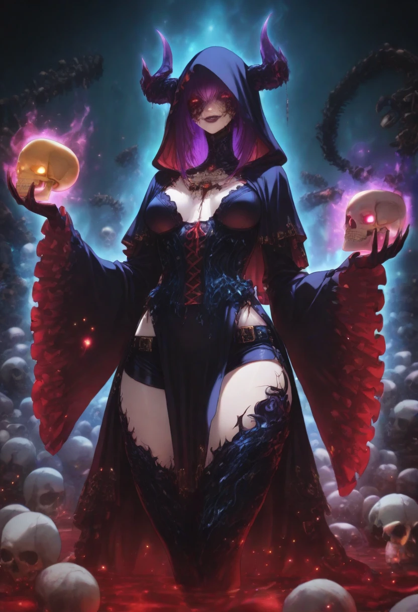 during night, ((Flying ghost line drawing surrounded by undead and ghosts))++, Night, Cloudy clouds, fullmoon, Red full moon on background, Fantasy, 4K highly detailed digital art, 8K high-quality detail art, in style of cyril rolando, detailed fantasy digital art, epic fantasy science fiction illustration, amazing wallpapers, Hordes of undead inspired by Gaston Bucière, The Apocalypse Brings, sheer see-through tight-fitting plunging deep-v provocative dress, Evil Magic Energy, seductive smile, naughty face 