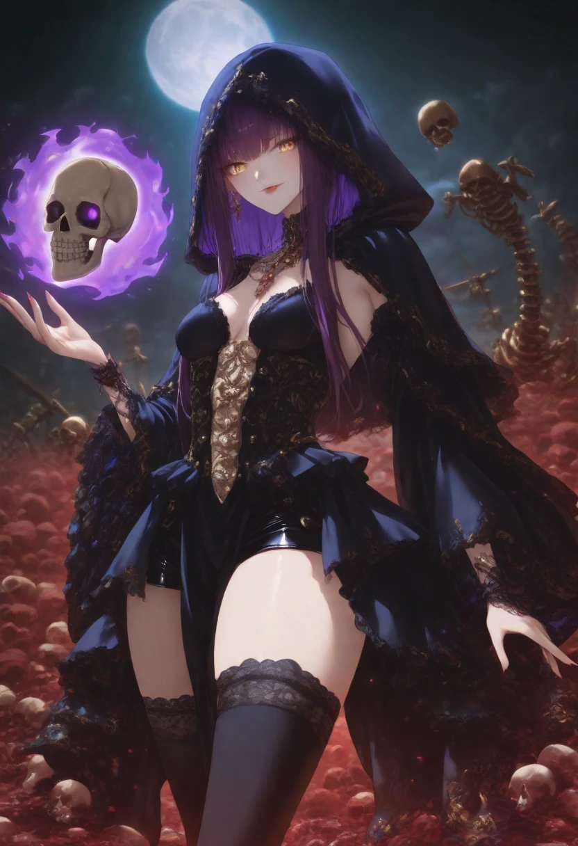 masterpiece, best quality, TharjaV4, 1girl, solo, looking at viewer, smile, cleavage, jewelry, sitting, cape, bracelet, covered navel, night, crossed legs, tiara, ((skull)), bodystocking, <lora:TharjaV4-10:1>