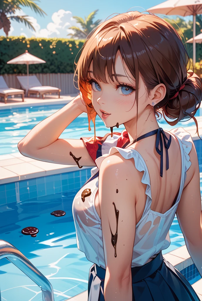 Highest quality,Highest Resolution,A crying beauty in a super high-cut swimsuit,ht Pool,Nigview,Back view,up,Very beautiful eyes,(((Drink a drink))),(((Open your mouth and drool))),(((Sweat profusely)))Tears,Big Brack)))