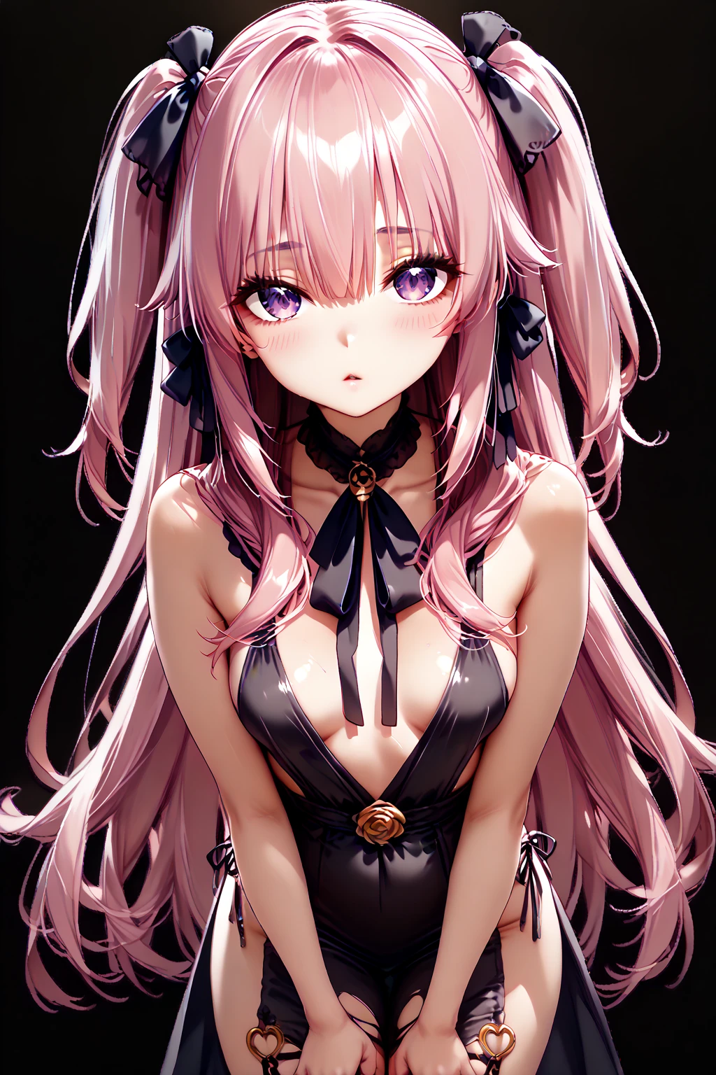 masterpiece, best quality, 1girl, solo, breasts, underwear, thighhighs, panties, animal-ears, long-hair, twintails, pink-hair, large-breasts, navel, very-long-hair, cleavage, blush, bow, high-heels, side-tie-panties, boots, sitting, looking-at-viewer, bare-shoulders, black-thighhighs, detached-collar, parted-lips, thigh-boots, hair-bow, high-heel-boots, yellow-bow, babydoll, tail, bustier, string-panties, black-panties, ribbon, arm-support, fox-ears, orange-eyes, bangs, black-footwear, simple-background, choker