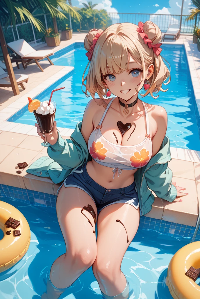Highest quality,Highest Resolution,A crying beauty in a super high-cut swimsuit,Night Pool,Night view,whole body,up,Very beautiful eyes,(((Drink a drink))),(((Open your mouth and drool))),(((Sweat profusely)))Tears,Tback,