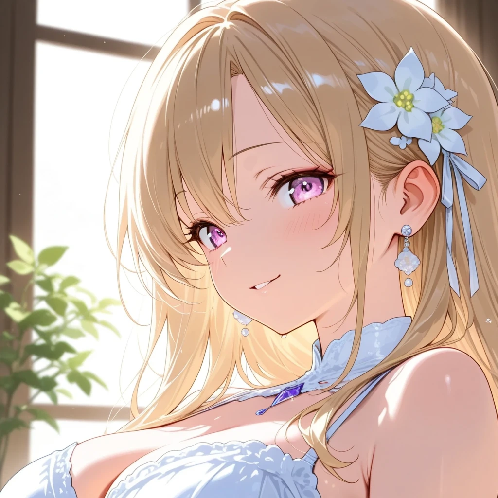 1girl, natural lighting, masterpiece, highly detailed, illustration, game CG, absurdres, high quality, beautiful detailed eyes, glossy lips, natural lighting, medium breasts, klaudia valentz, lace, blush, light smile, garden, white dress, side slit, off the shoulder