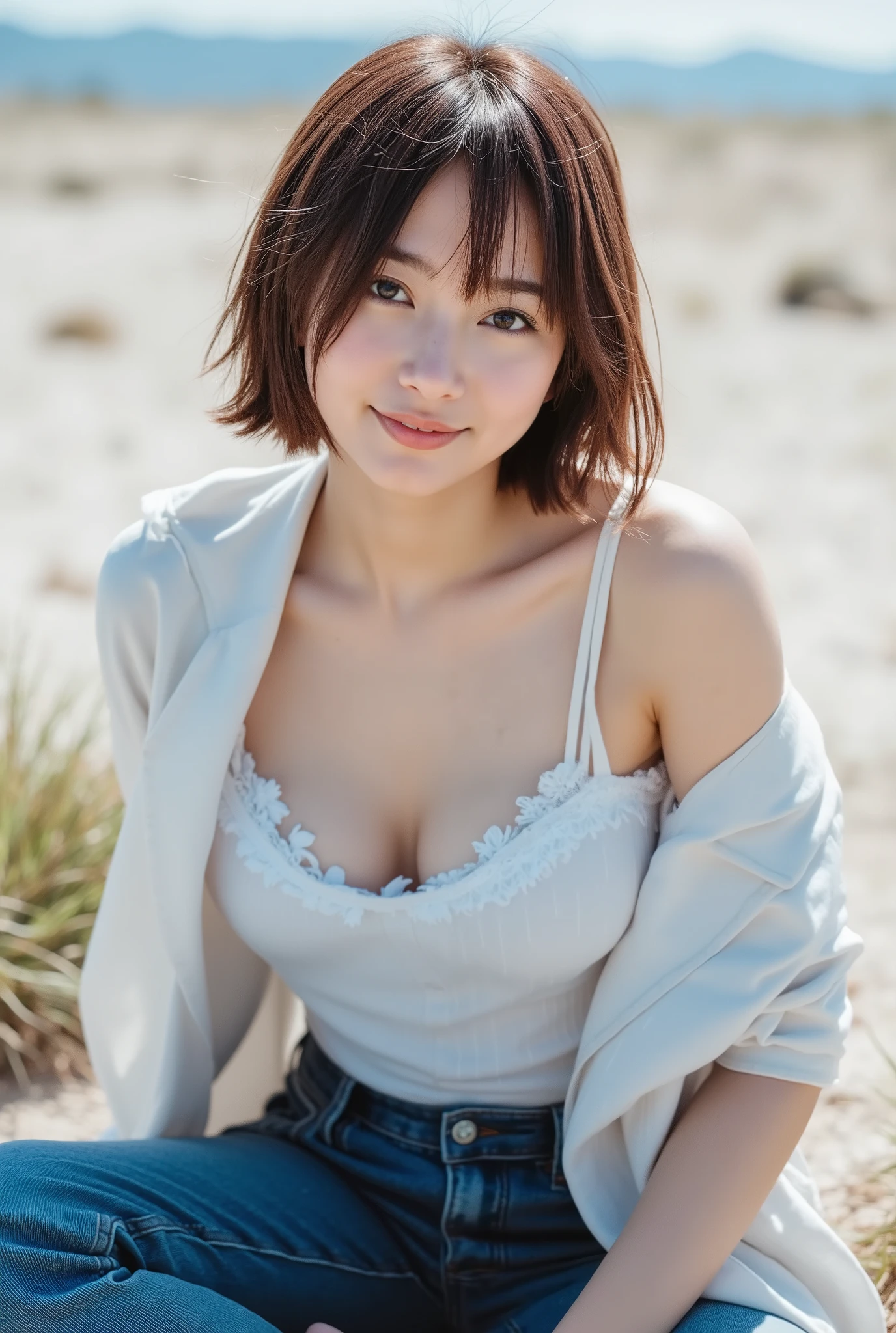 beautiful woman with short hair that is overwhelmingly beautiful、betterpose、Perfect Body、 the wind is blowing 、natural light,cleavage