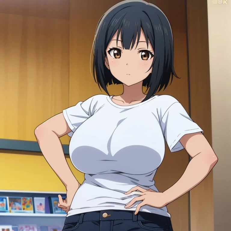 ((masutepiece, Best Quality, High resolution, extremely detailed 8K, Beautiful girl with a slender body, Ultra HD, Ultra-detailed, anime screen cap:1.3, anime colours:1.2)), suguha, (1girl in), (Black hair, bob cuts), (Hands lower in front:1.5), facing at camera, lightsmile, (beautifull detailed face, Beautiful detailed eyes), (Huge breasts: 1.2), (White tank top, Thin material), cleavage, Dark Jeans Shorts, Cowboy Shot, Sweat, (Sunlight)
