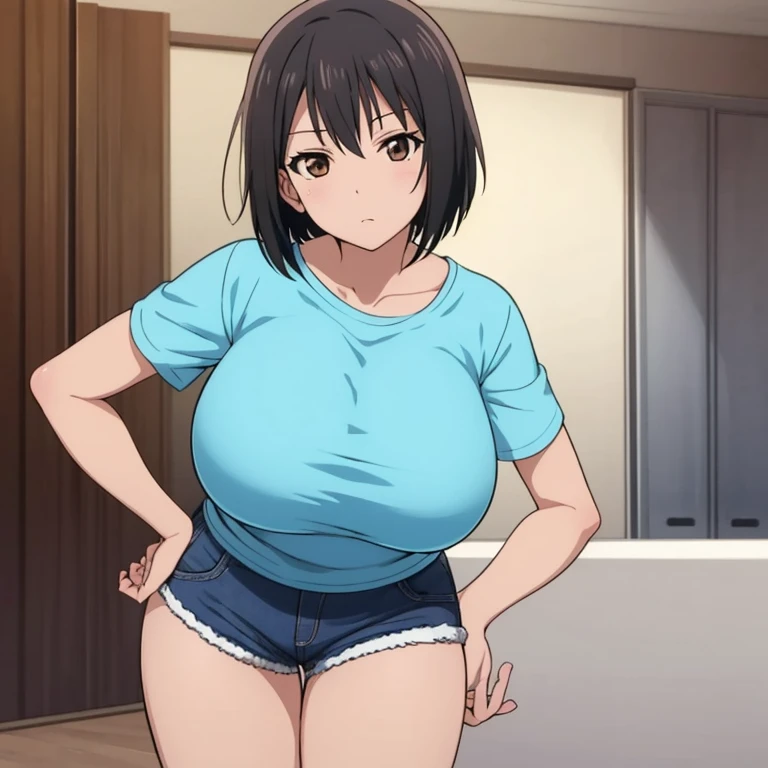 , ((High resolution)),masterpiece, high quality, 最high quality, beautiful, perfect lighting, detailed face, super cute face, ((1 girl)), ((alone), short black hair, bob cut、blunt bangs、yellow eyes、embarrassed look, ((blush)), looking at the viewer、:d、glare、put your hands on your hips, Concrete room in the dark night, daytime, sleeveless shirt, pencil skirt, (tight clothes), (muscular、female police officer), (thigh height), (wide hips), ((thick thighs)), (((Panty shot))、Light blue striped panties、huge breasts,、cleavage, perky chest,swollen nipples、 24 year old female、(((spread your legs)))、squatting down